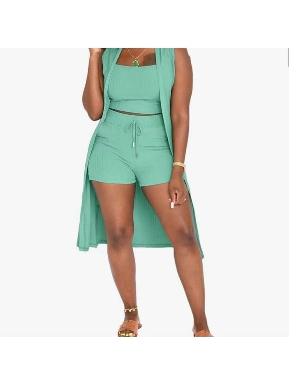 3 piece short set with knee length sleeveless duster